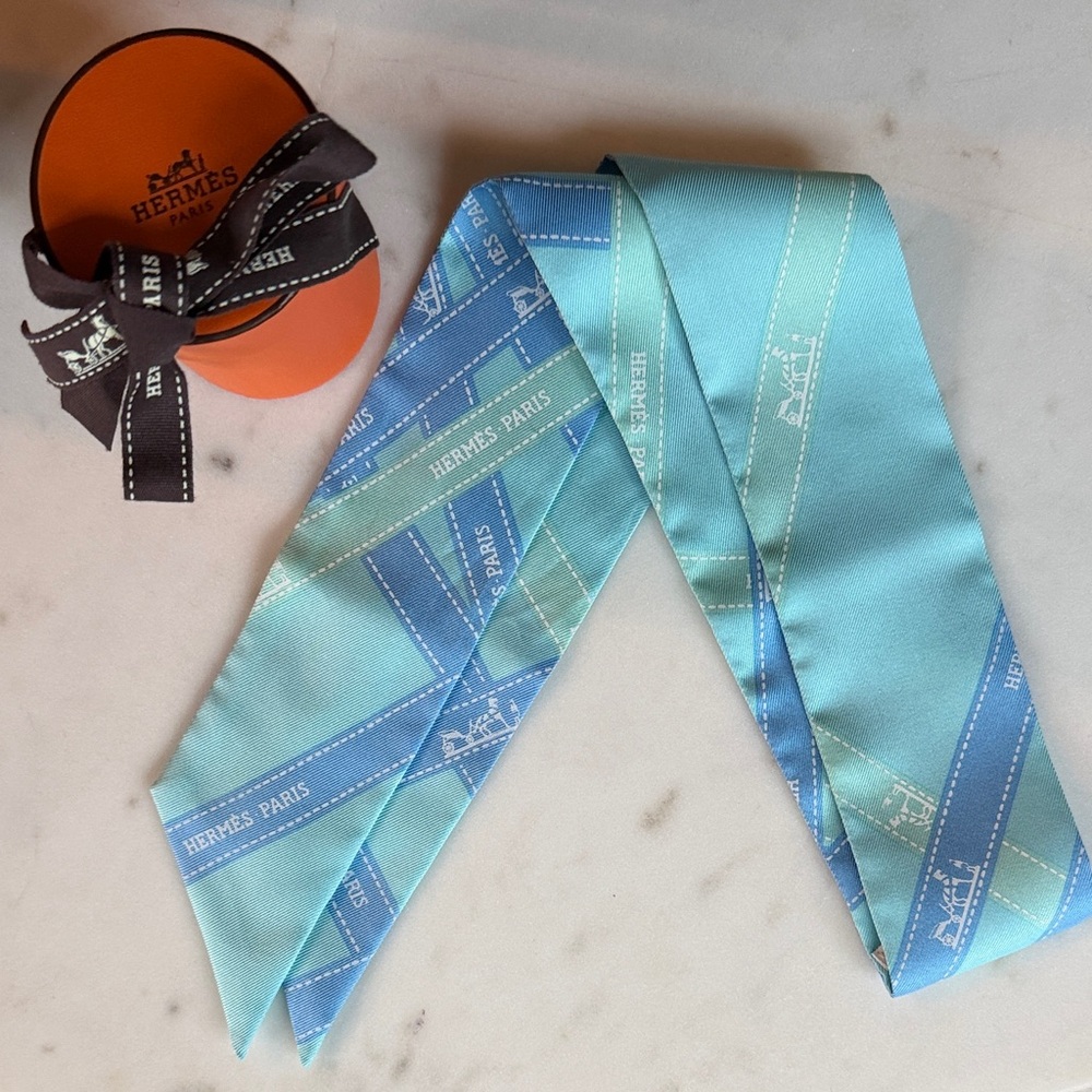 Hermes Twilly Silk Scarf Blue Ribbon Bolduc France